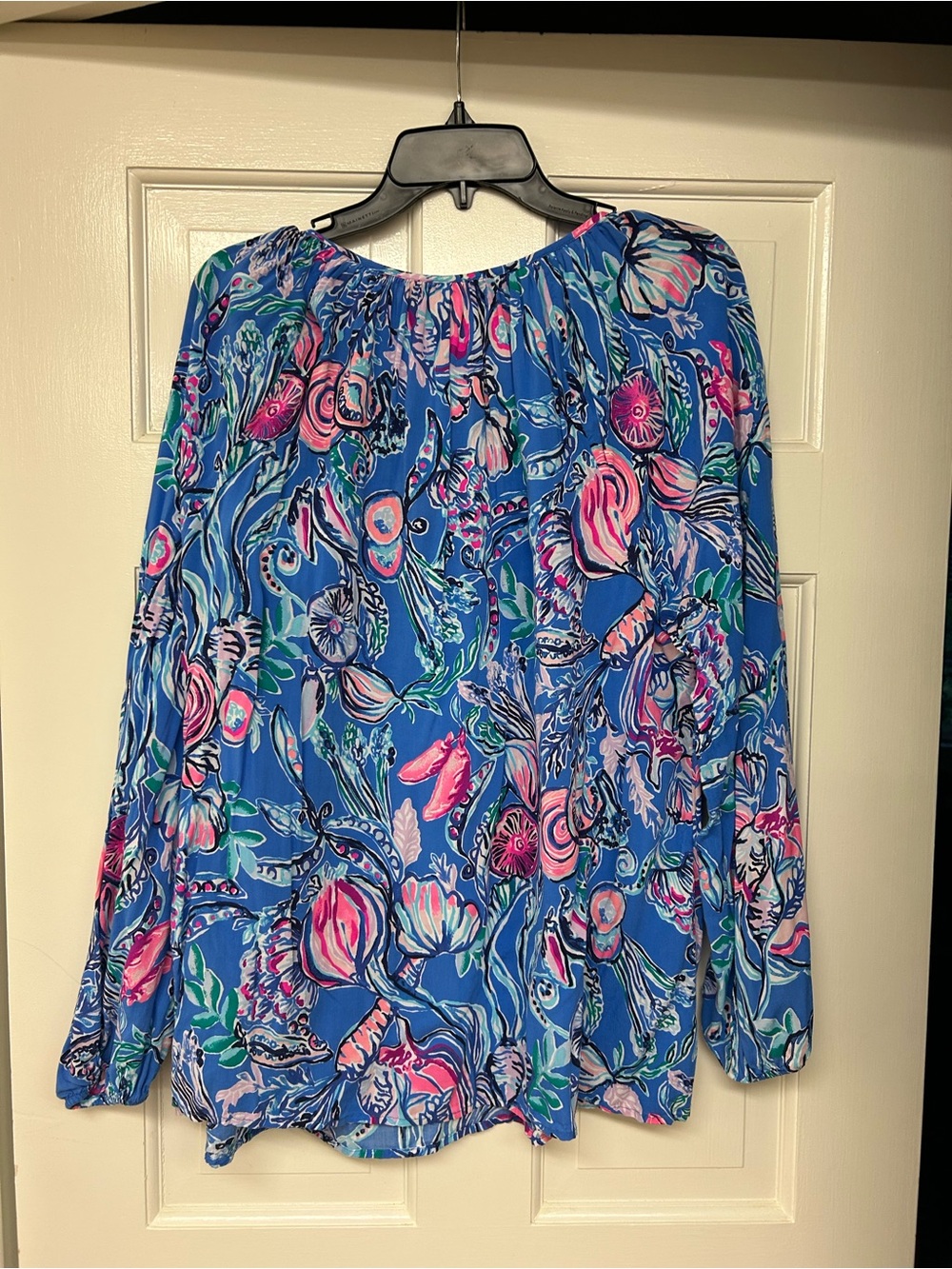 Lily Pulitzer XL Printed Long-Sleeve Peasant Blouse - Blue & Pink - Picture 4 of 4